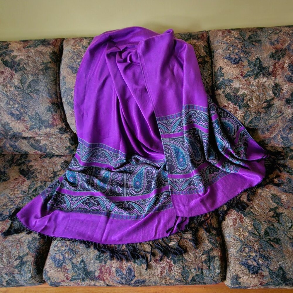 Paisley pattern, purple, dark/medium blues, white, black fringe, cashmere scarf